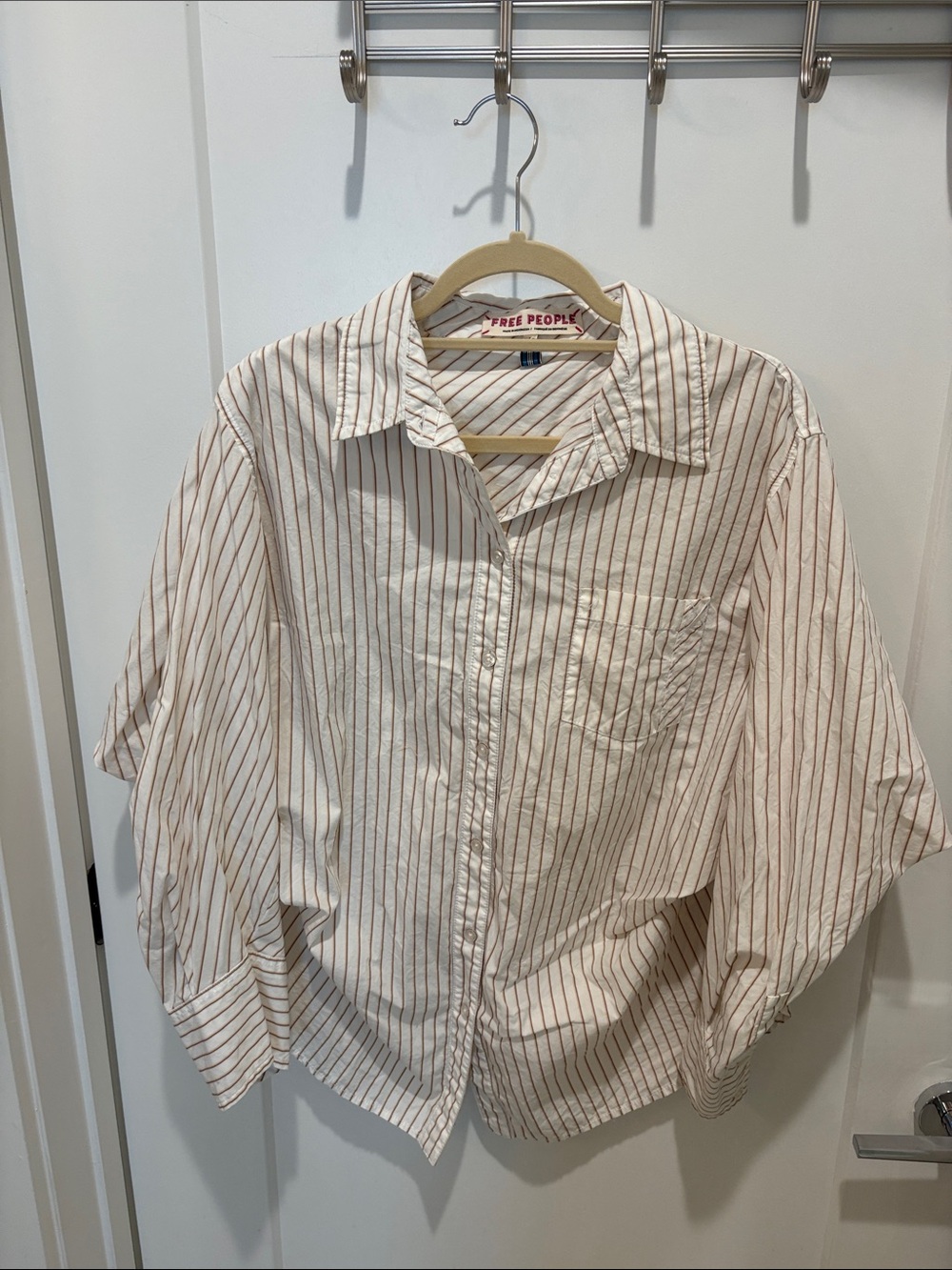 Free People Cream Button-Up Shirt with Rust Stripes
